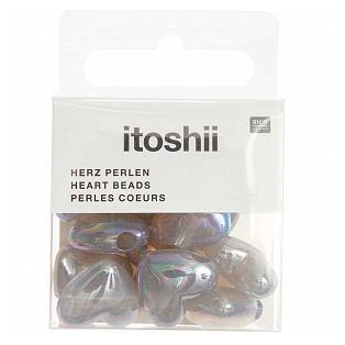 Heart beads holographic, grey, 12 pcs, ca. 17x15x9mm