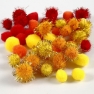 Pompoms, D: 15+20 mm, yellow, orange, red, 48mixed
